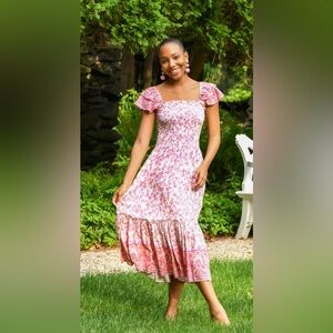 Walker And Wade Matilda Midi Dress Rouge Floral Pink Sz XS Off Shoulder Milkmaid